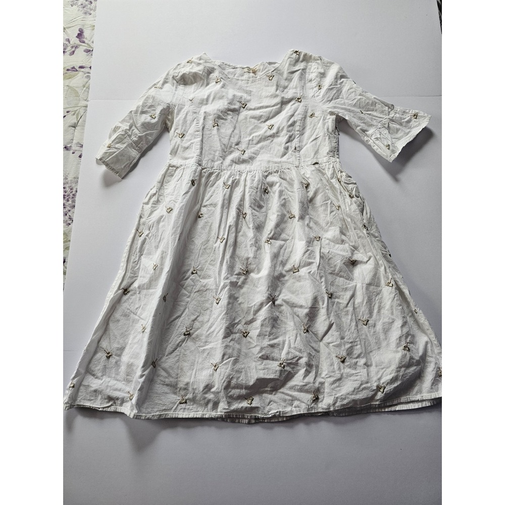 Tea‎ n Rose Embroidered Babydoll Dress Womens M White Silver Leaf Bell Sleeve